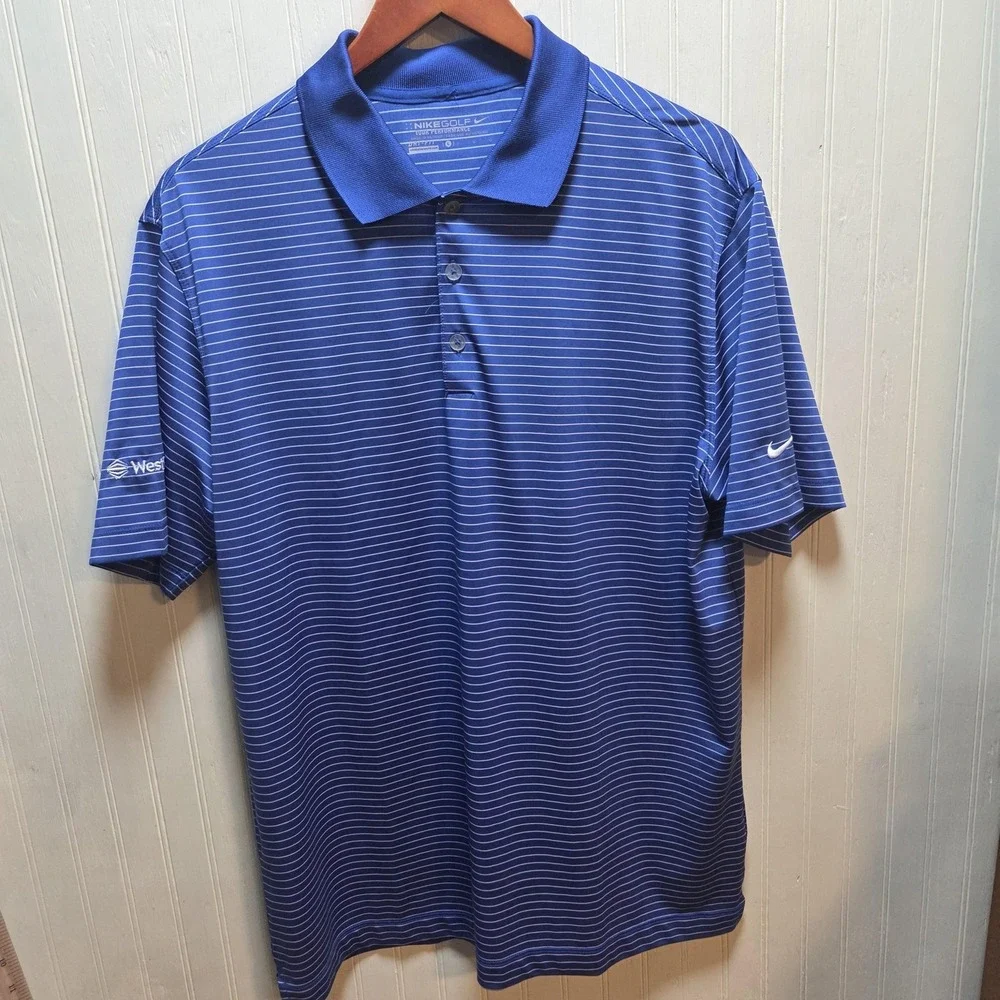 Nike Golf Dri-FIT Polo Shirt Mens L Blue Stripe Tour Performance Golf